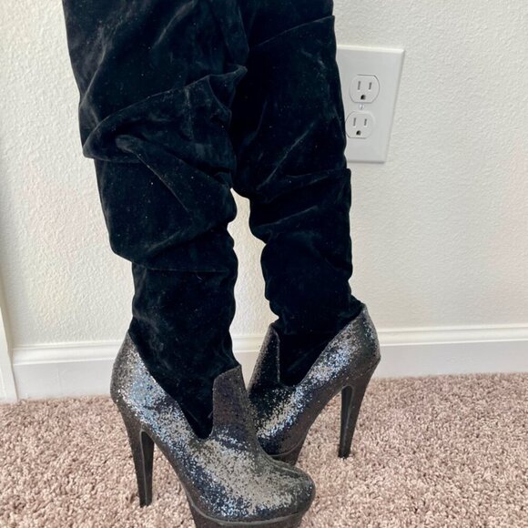 Michael Antonio knee Boots glitter faux suede Sz 5.5  Heels Baddie - Picture 4 of 12
